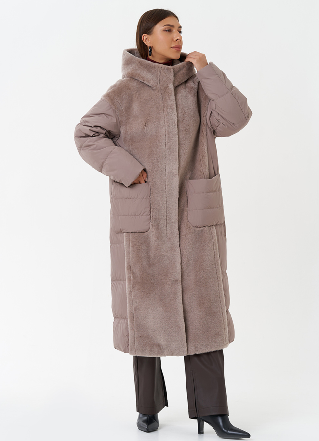 Комбинированное пальто с капюшоном модель № 28673 в кредит