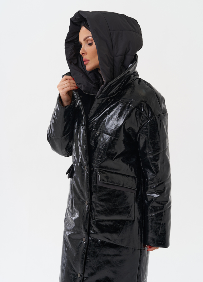 Женский пуховик из эко кожи с капюшоном модель № 28686 универмаг малина