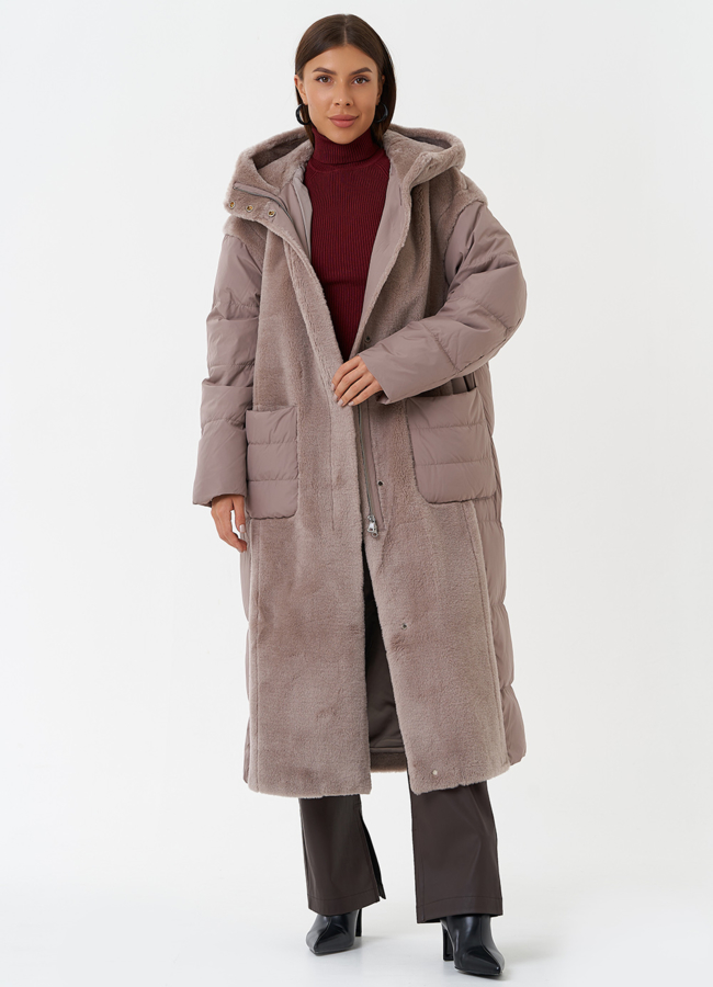 Комбинированное пальто с капюшоном модель № 28673 универмаг малина