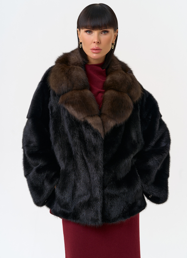 Шуба из меха норки с воротником из меха куницы модель № 31498 меха малина