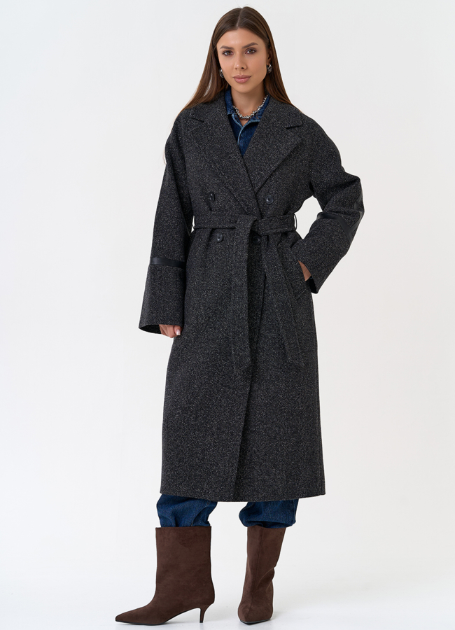 Женское пальто с отделкой из экокожи модель № 31336 меха малина