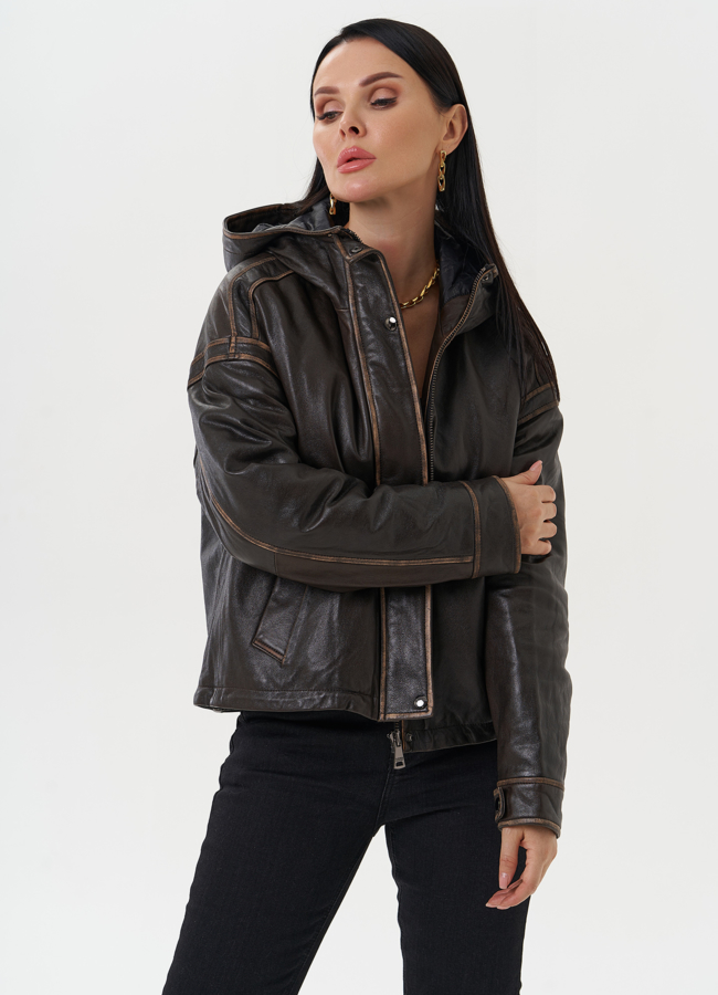 Куртка из натуральной кожи с капюшоном модель № 28115 универмаг малина