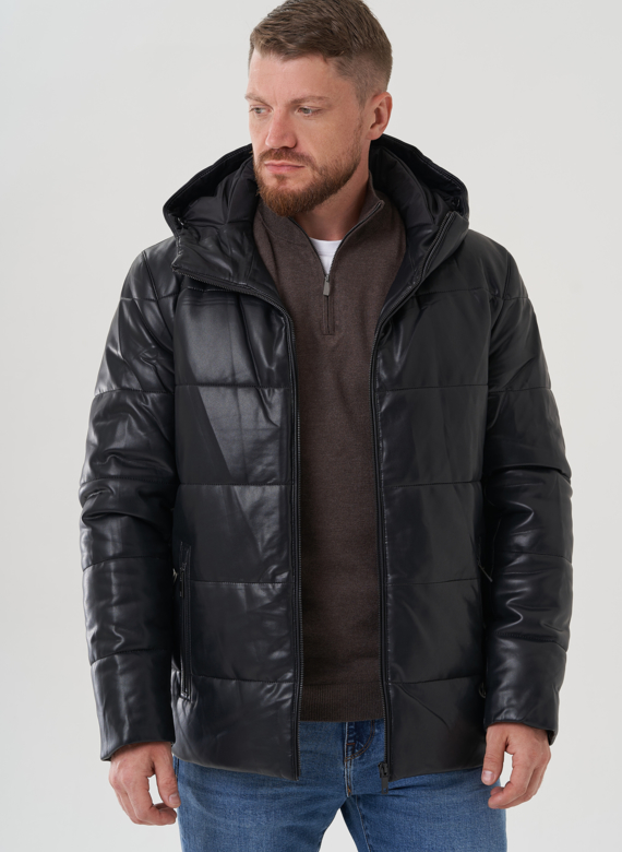 Пуховик мужской из эко кожи с капюшоном 