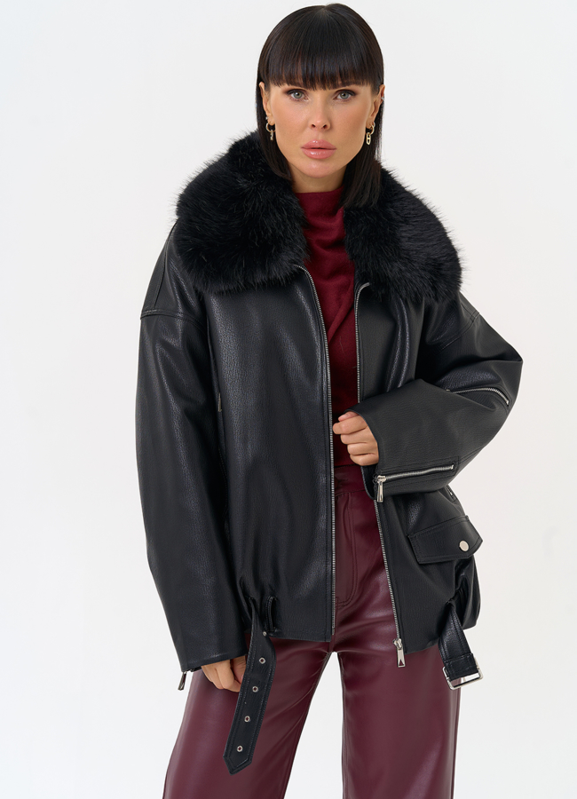 Женская утепленная куртка из эко кожи черного цвета модель № 30708 универмаг малина
