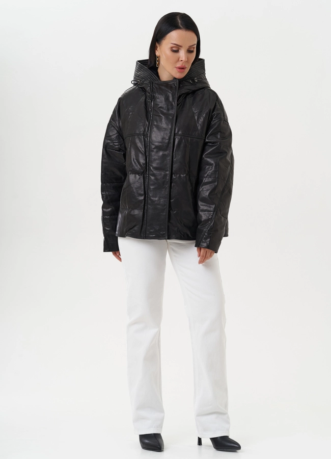 Утепленная куртка из натуральной кожи с капюшоном модель № 28111 в рассрочку фото