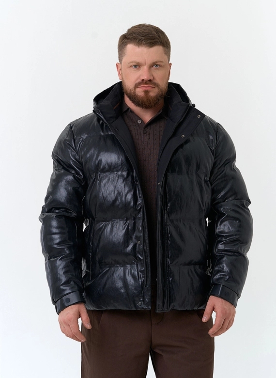 Мужской пуховик из эко кожи с капюшоном фото