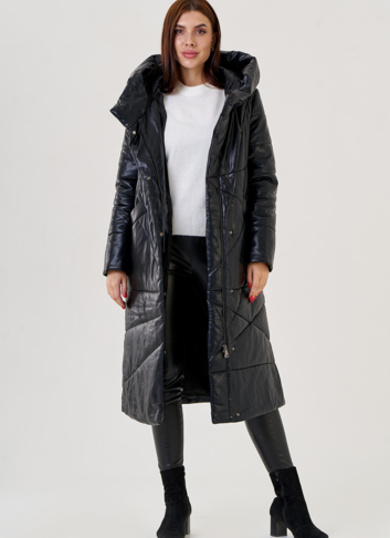 Черный длинный пуховик из эко кожи Malina Siberian
