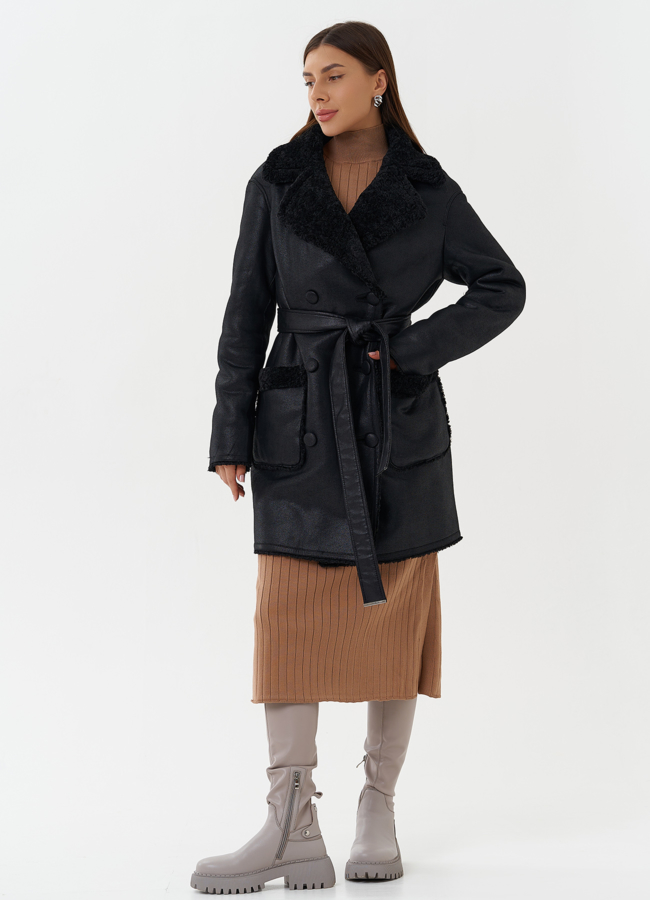 Женская двухсторонняя дубленка из эко кожи модель № 27769 меха малина