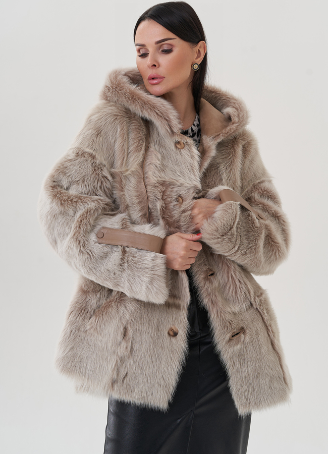 Женская дубленка с капюшоном модель № 25633 меха малина