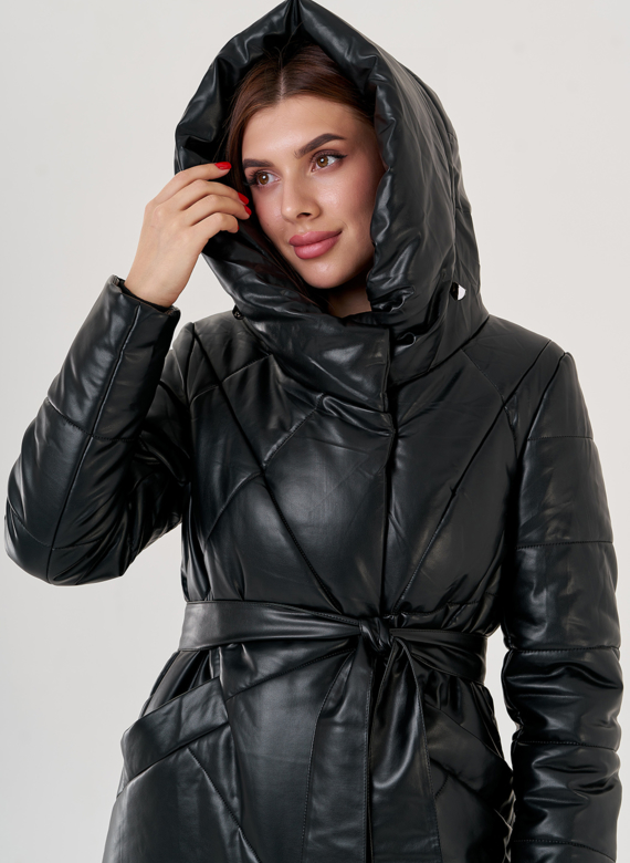 Черный длинный пуховик из эко кожи Malina Siberian