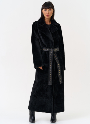 Женская натуральная дубленка с двойным поясом