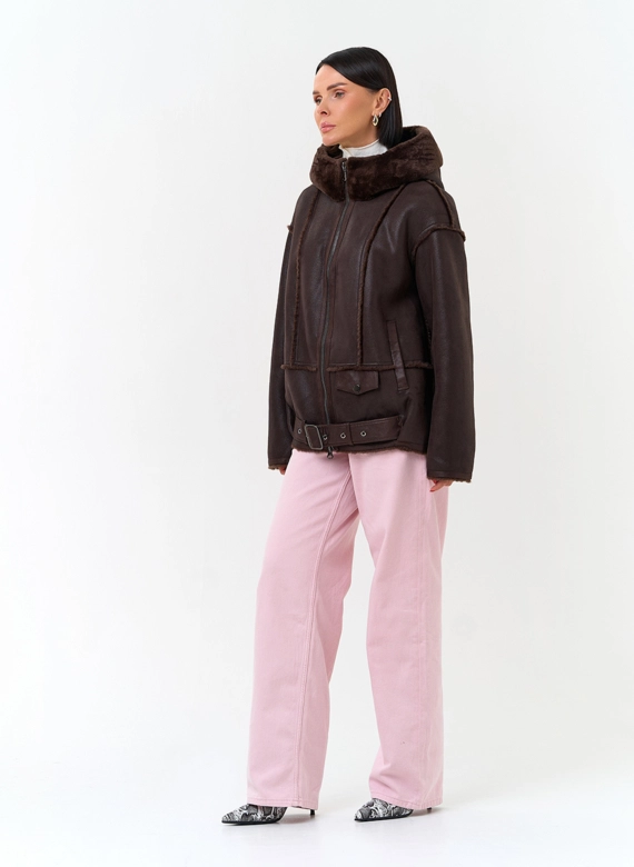 Женская дубленка бомбер из эко замши фото