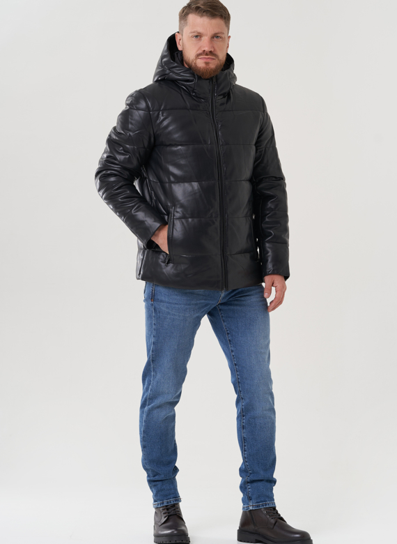 Пуховик мужской из эко кожи с капюшоном 