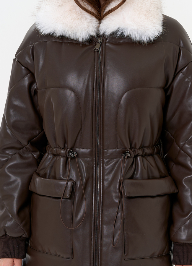 Женский пуховик из эко кожи с воротником из эко меха модель № 30722 универмаг малина