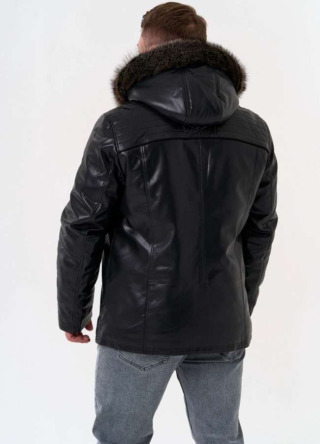 фото Пуховик из эко кожи с капюшоном из меха енота модель № 31719