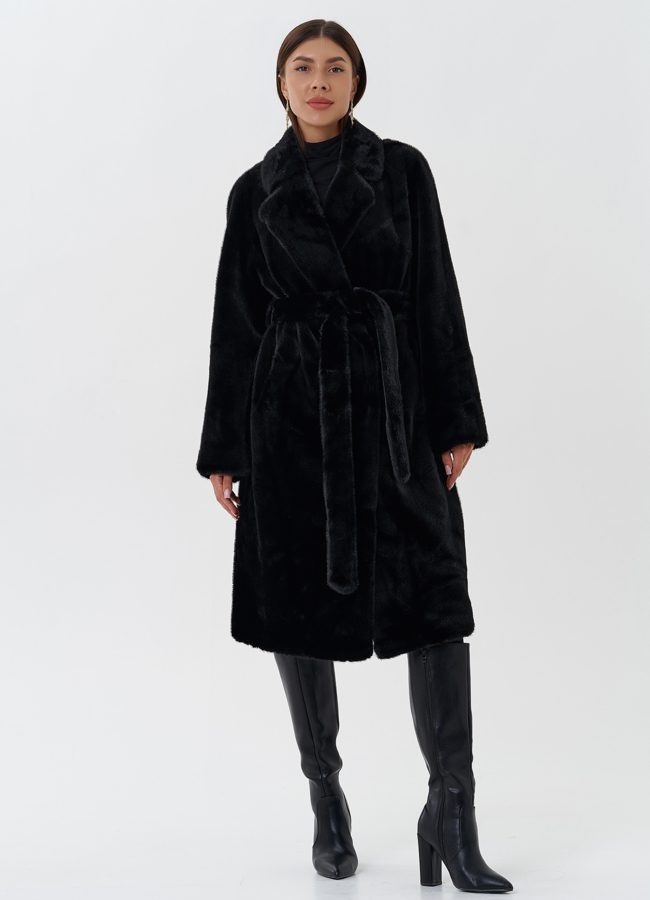 Женское пальто из эко меха с поясом модель № 27687 меха малина