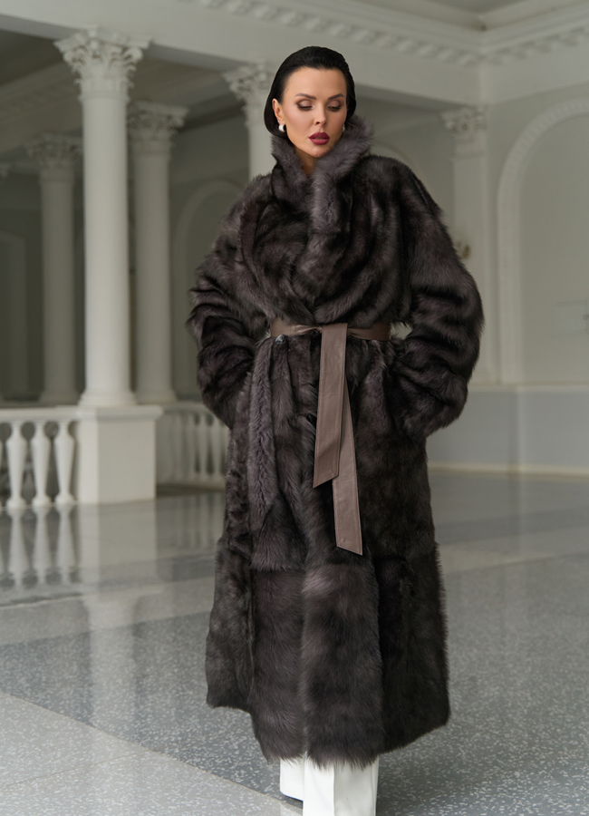 Женская двухсторонняя дубленка с поясом модель № 31616 меха малина