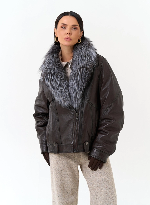 Женский пуховик из натуральной кожи с чернобуркой фото