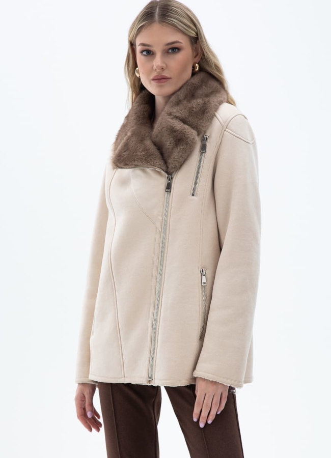 Женская дубленка из эко кожи с отделкой из эко меха модель № 32026 меха малина