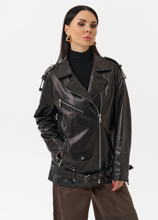 Удлиненная кожаная куртка-косуха модель № 215444 в рассрочку